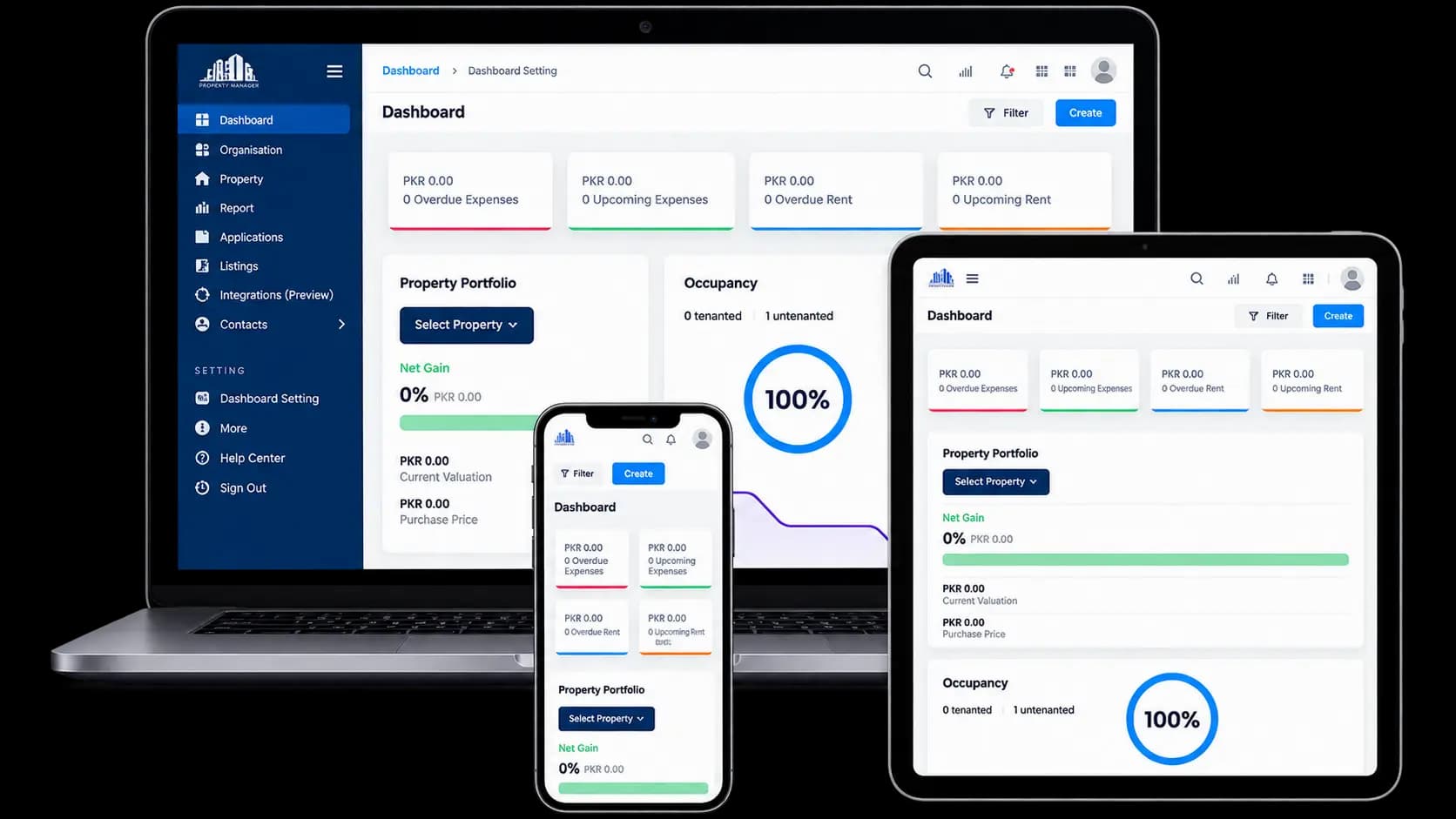 The Imlaak landlord portal on a laptop, a tablet and a phone